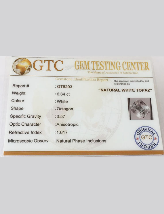 7.38 Ratti (6.64 ct) Natural Certified White Topaz